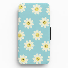 Pastel Blue Smiley Daisies Pattern Flip / Wallet Phone Case