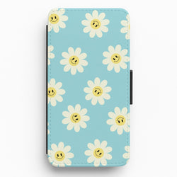 Pastel Blue Smiley Daisies Pattern Flip / Wallet Phone Case