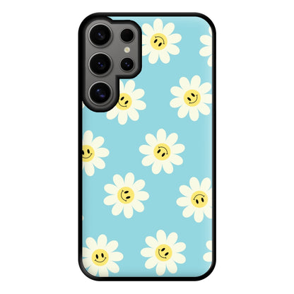 Pastel Blue Smiley Daisies Pattern Phone Case for Galaxy S24 Ultra