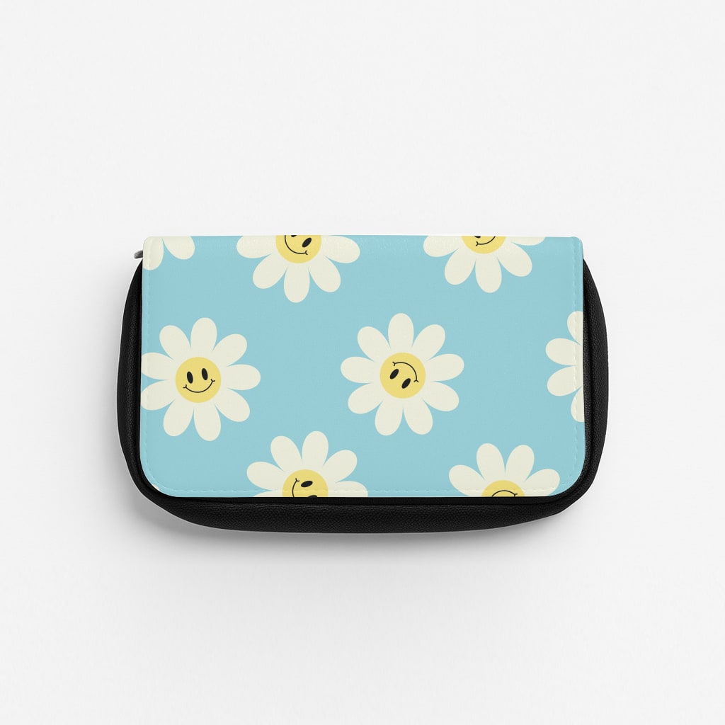 Pastel Blue Smiley Daisies Pattern Pencil Case