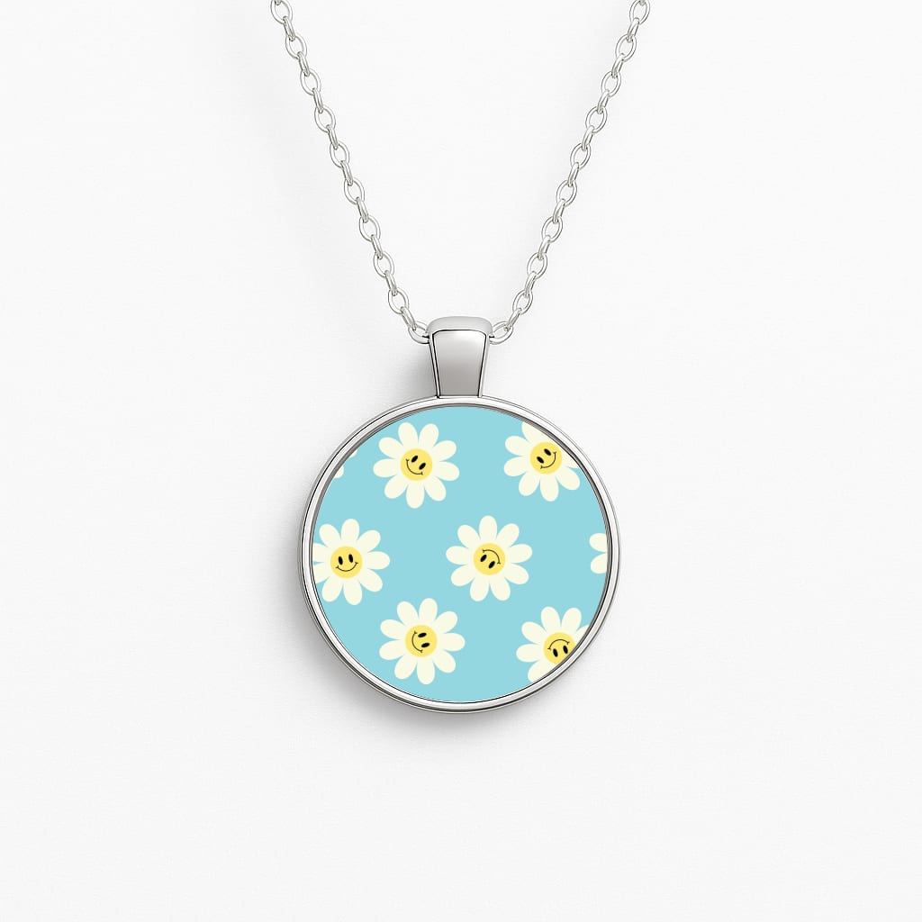 Pastel Blue Smiley Daisies Pattern Circle Necklace
