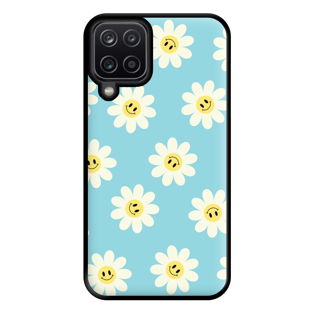 Pastel Blue Smiley Daisies Pattern Phone Case for Galaxy A12