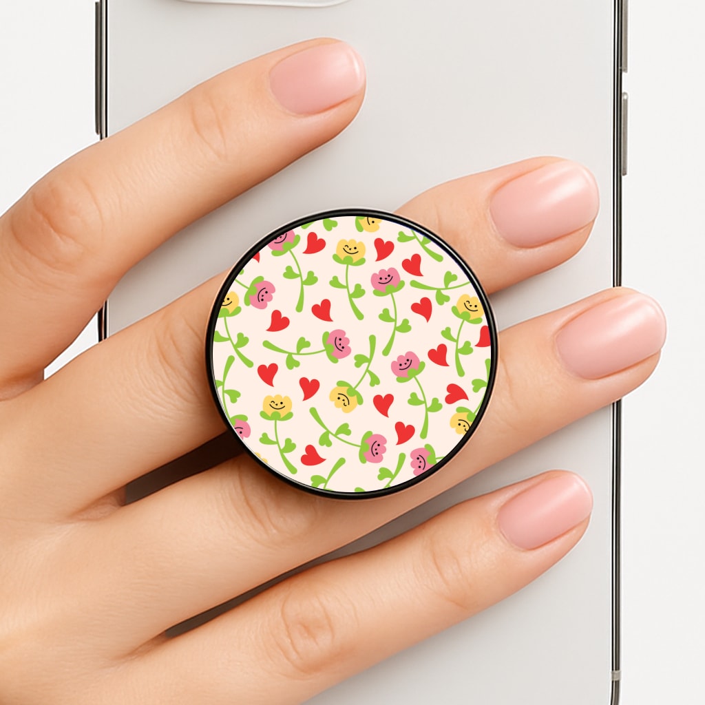 Smiley Tulips And Hearts Pattern Phone Grip