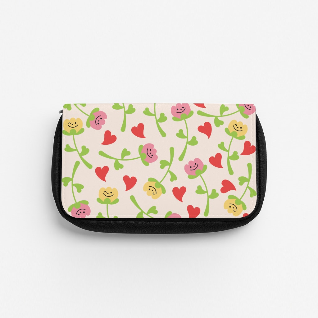 Smiley Tulips And Hearts Pattern Pencil Case