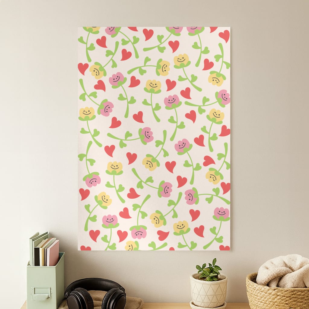 Smiley Tulips And Hearts Pattern Poster