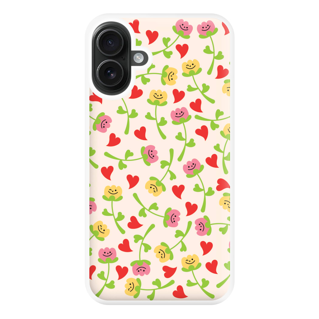 Smiley Tulips And Hearts Pattern Phone Case for iPhone 16 Plus