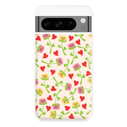 Smiley Tulips And Hearts Pattern Phone Case for Google Pixel 8 Pro