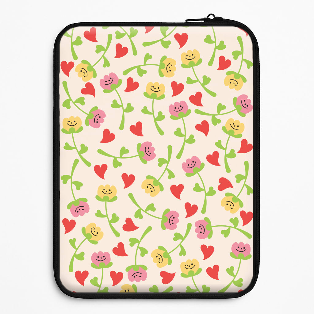Smiley Tulips And Hearts Pattern Laptop Sleeve