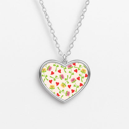 Smiley Tulips And Hearts Pattern Heart Necklace