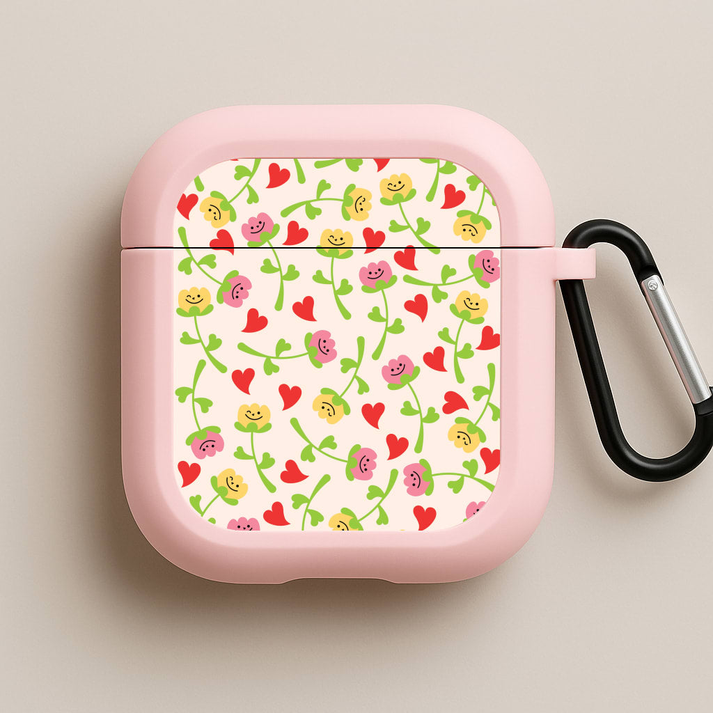 Smiley Tulips And Hearts Pattern Pink AirPods Case