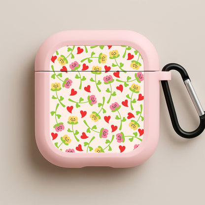 Smiley Tulips And Hearts Pattern Pink AirPods Case