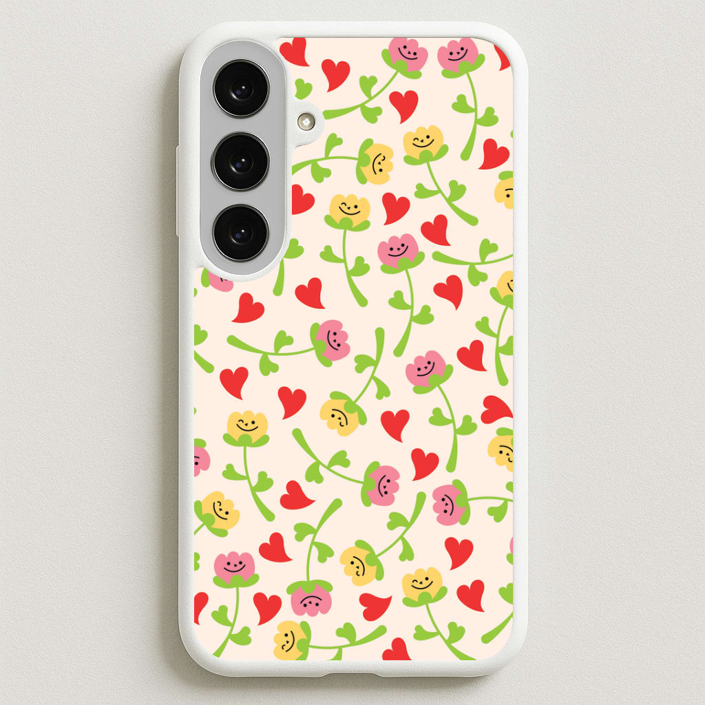 Smiley Tulips And Hearts Pattern Phone Case for Galaxy S25FE
