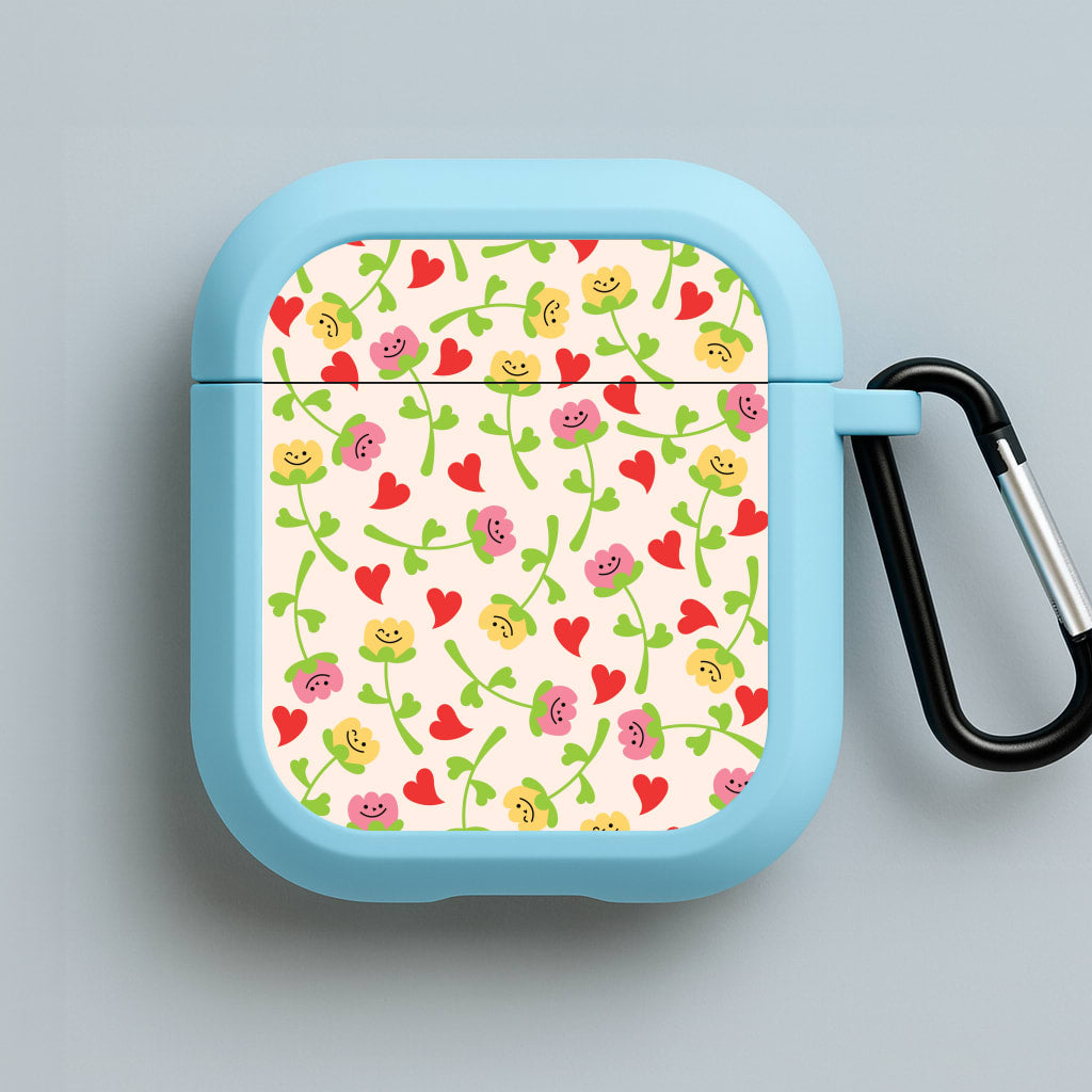 Smiley Tulips And Hearts Pattern Blue AirPods Case