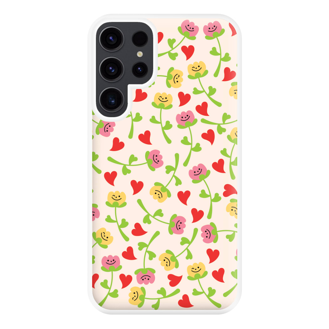 Smiley Tulips And Hearts Pattern Phone Case for Galaxy S23 Ultra