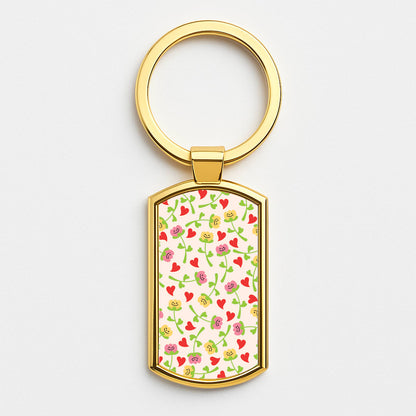 Smiley Tulips And Hearts Pattern Gold Keyring