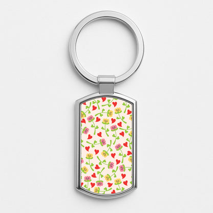 Smiley Tulips And Hearts Pattern Silver Keyring