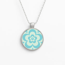 Teal Abstract Flower Pattern  Circle Necklace
