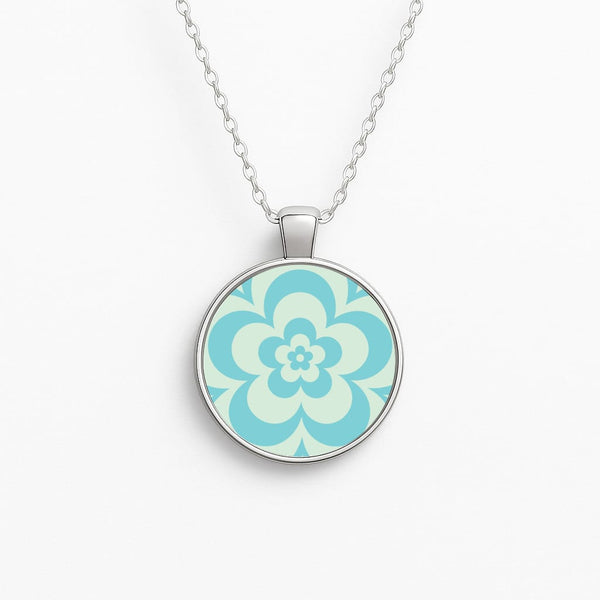Teal Abstract Flower Pattern  Circle Necklace