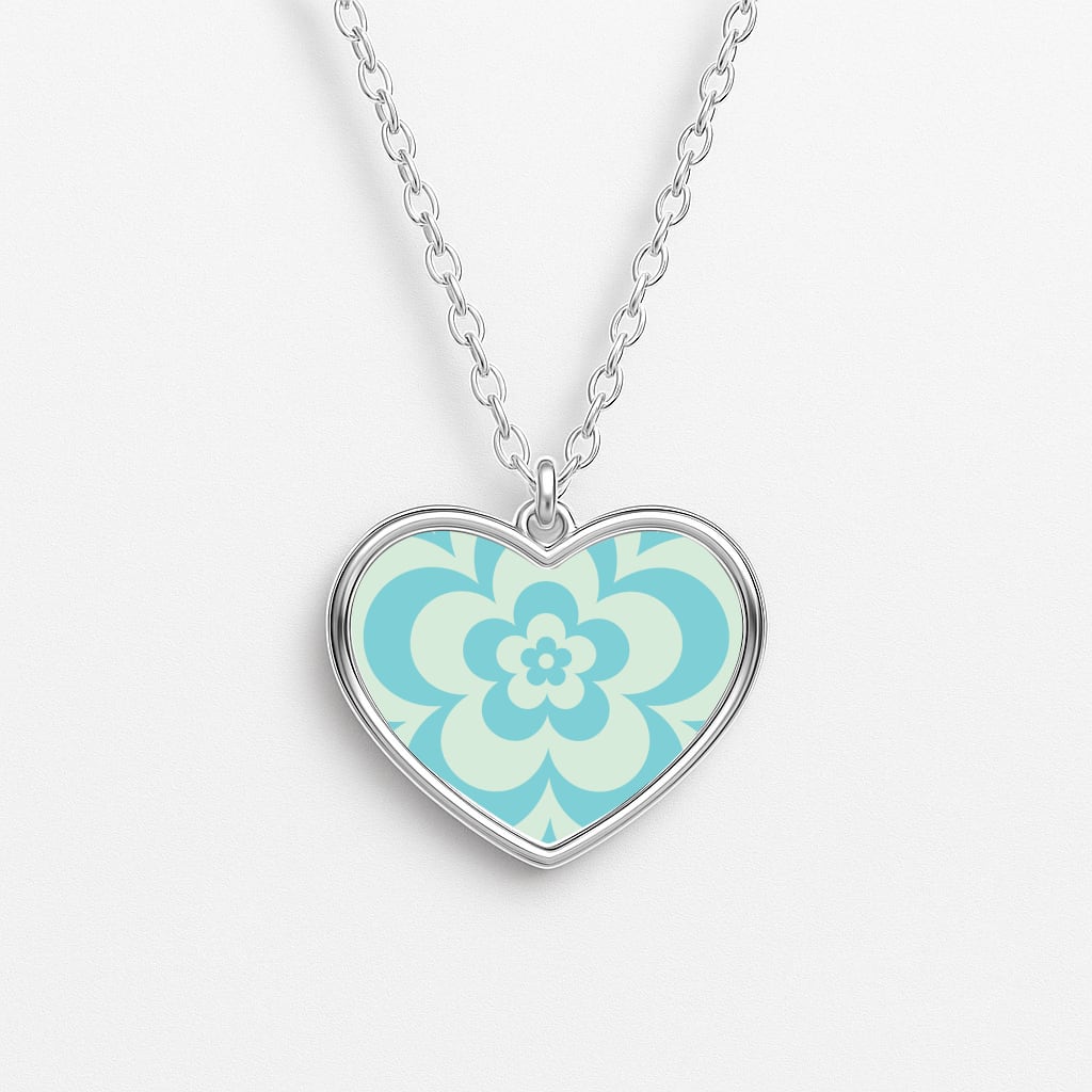 Teal Abstract Flower Pattern  Heart Necklace
