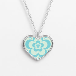 Teal Abstract Flower Pattern  Heart Necklace