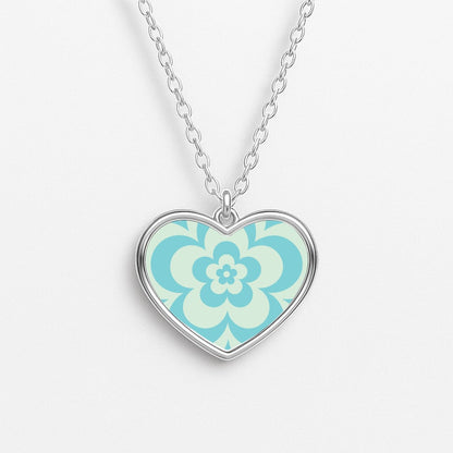 Teal Abstract Flower Pattern  Heart Necklace