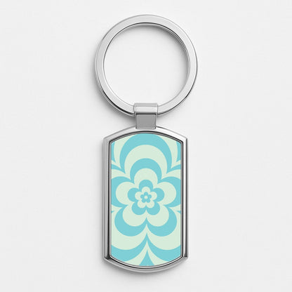 Teal Abstract Flower Pattern  Silver Keyring