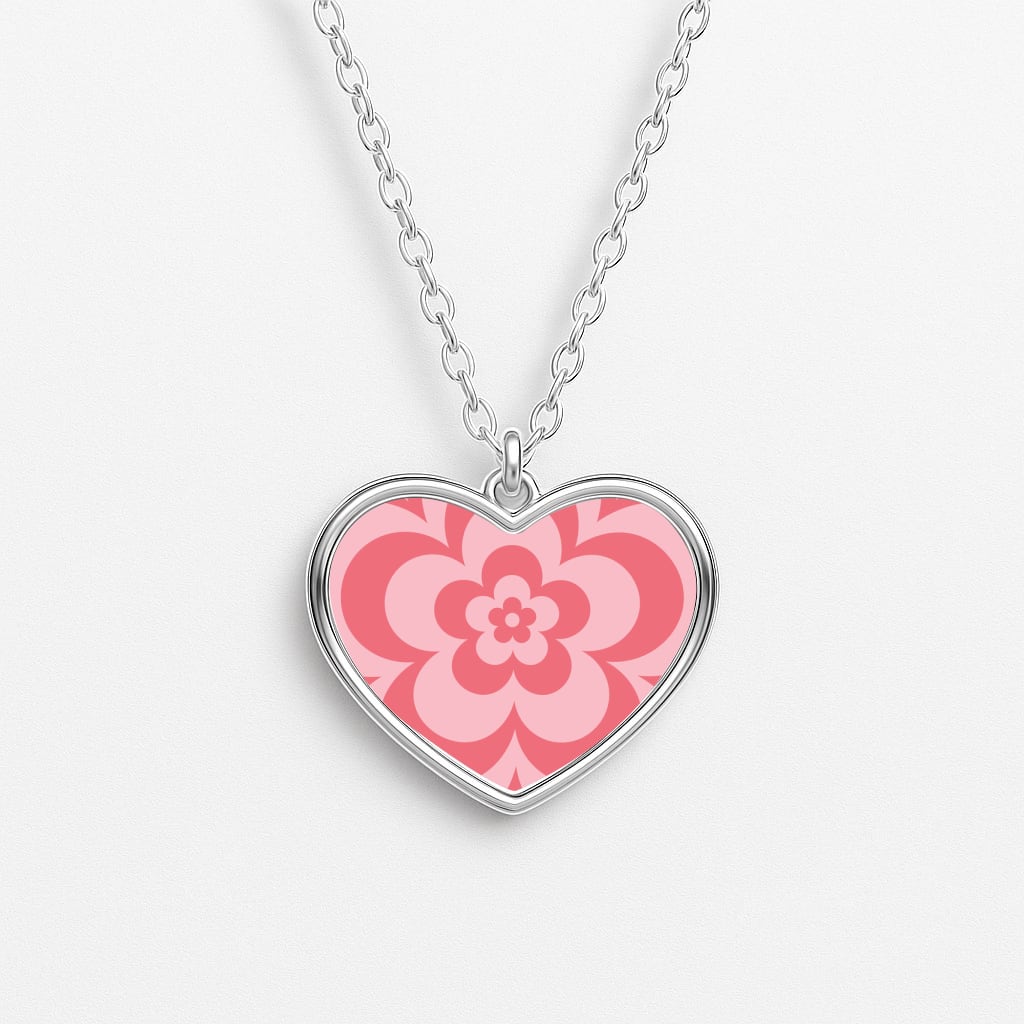 Pink Abstract Flower Pattern  Heart Necklace