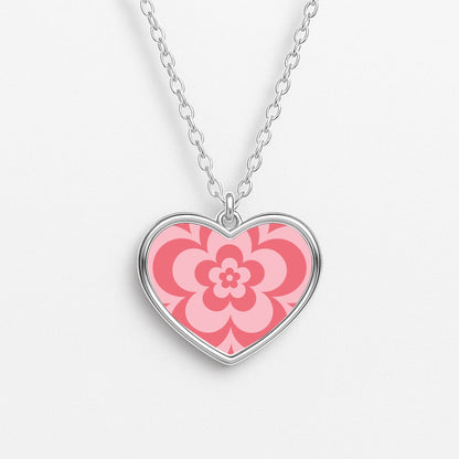 Pink Abstract Flower Pattern  Heart Necklace