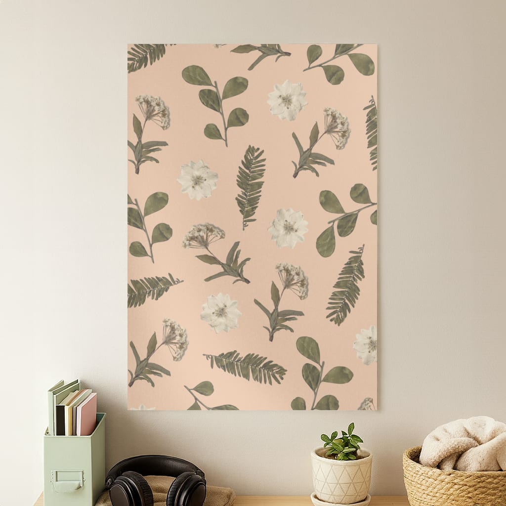 Leaves And Pressed Flowers Peach Pattern  Poster