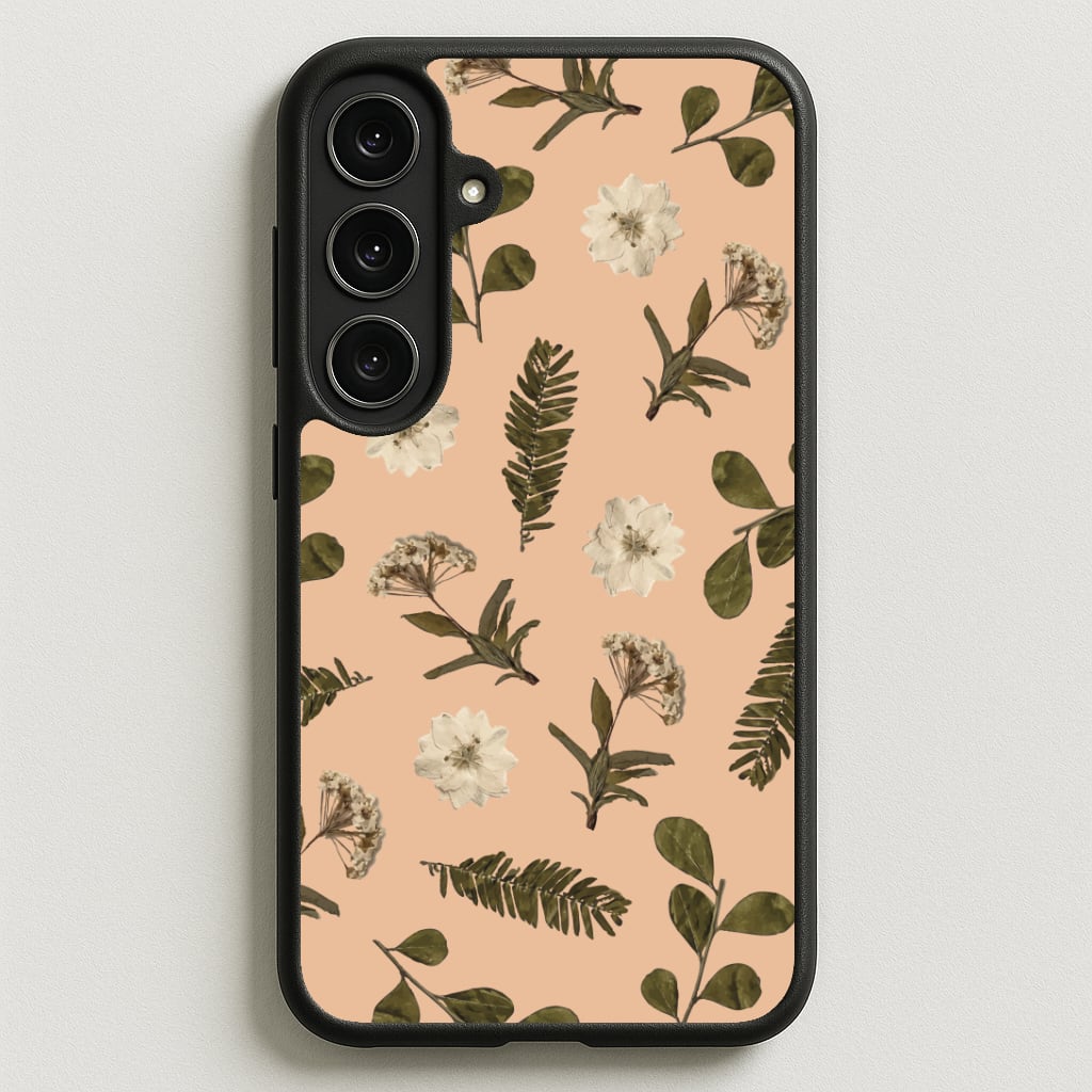 Leaves And Pressed Flowers Peach Pattern Phone Case for Galaxy S25FE