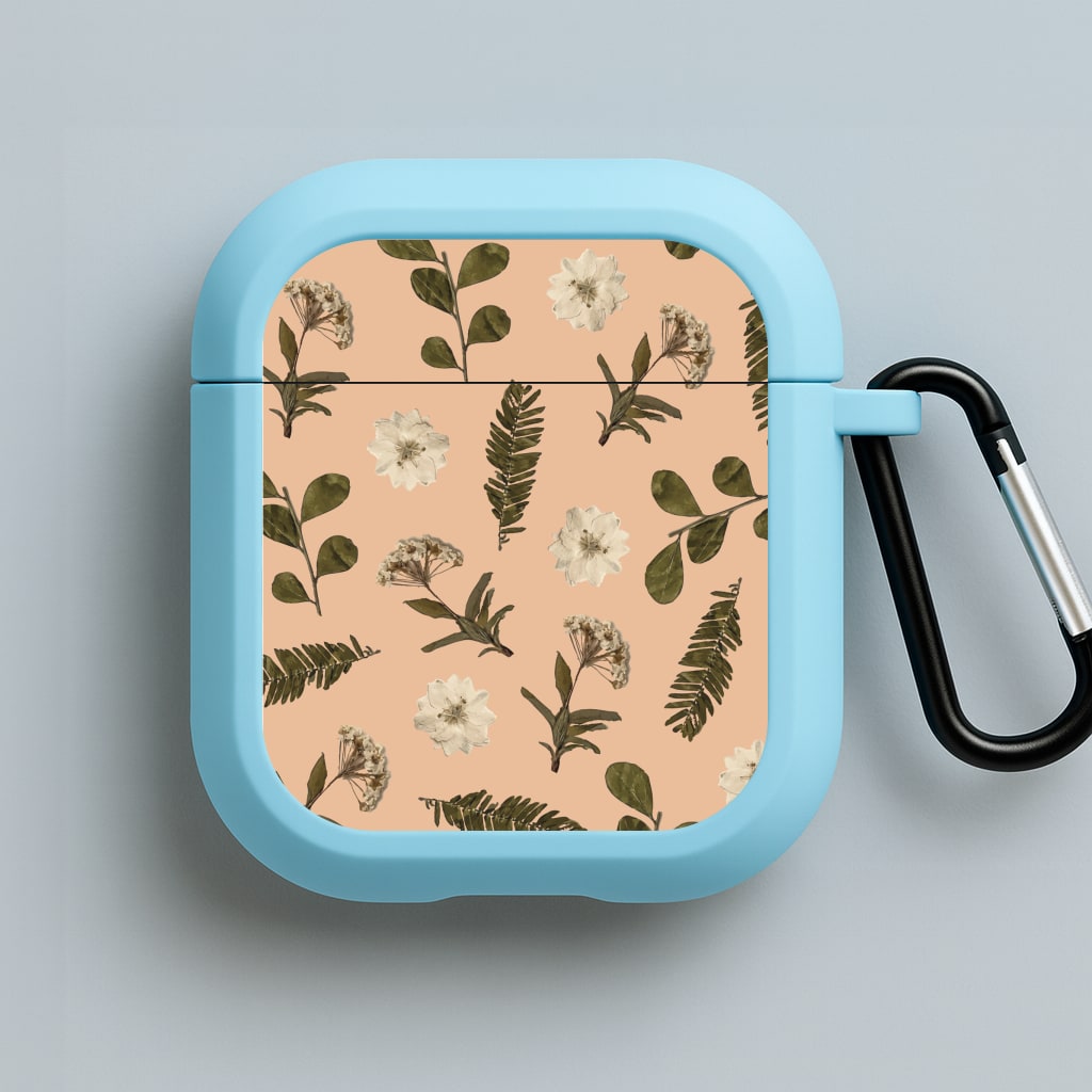 Leaves And Pressed Flowers Peach Pattern  Blue AirPods Case
