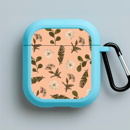 Leaves And Pressed Flowers Peach Pattern  Blue AirPods Case