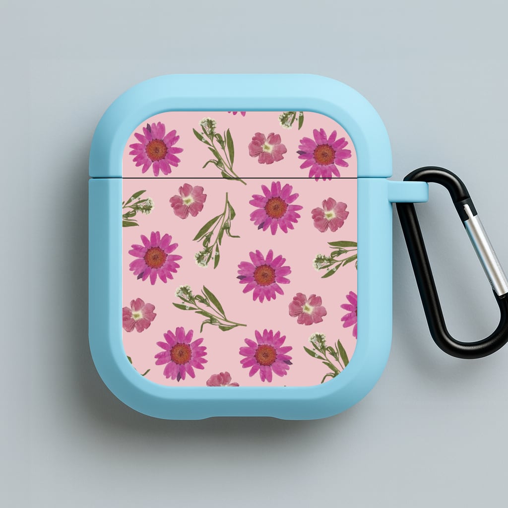 Pressed Pink Flowers Pattern  Blue AirPods Case