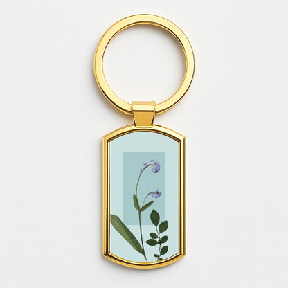 Abstract Blue Pressed Flower Gold Keyring