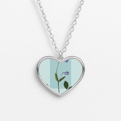 Abstract Blue Pressed Flower Heart Necklace