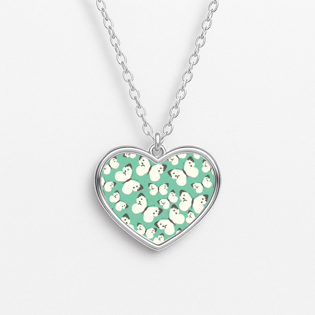 White Butterfly - Butterfly Patterns Heart Necklace