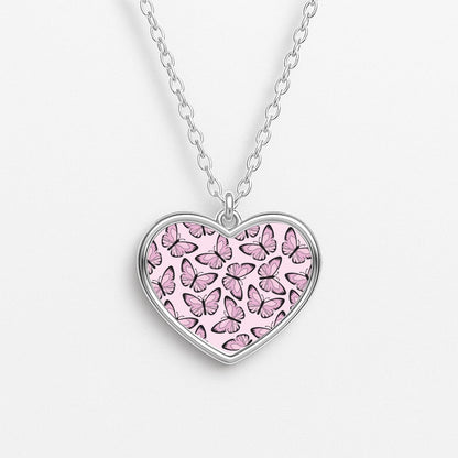 Pink And Black Butterfly - Butterfly Patterns Heart Necklace