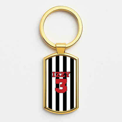 Black And White Stripes - Personalised Football   Gold Keyring