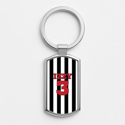 Black And White Stripes - Personalised Football   Silver Keyring