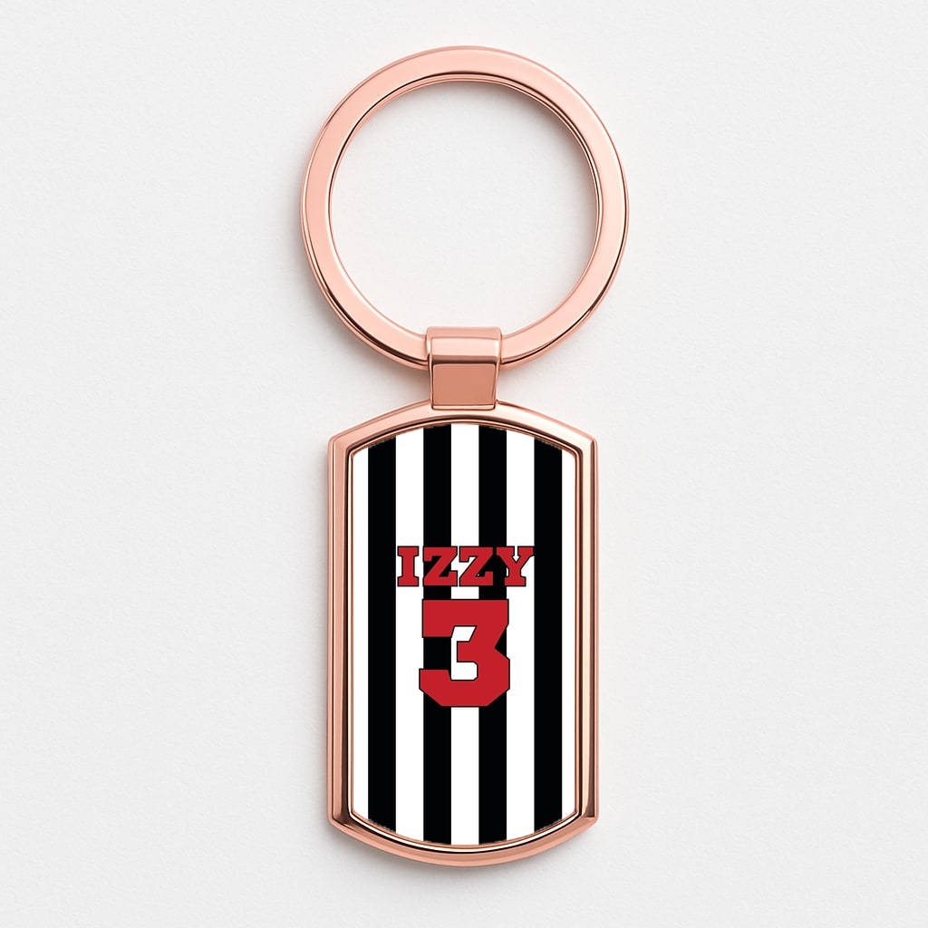 Black And White Stripes - Personalised Football   Rose Gold Keyring