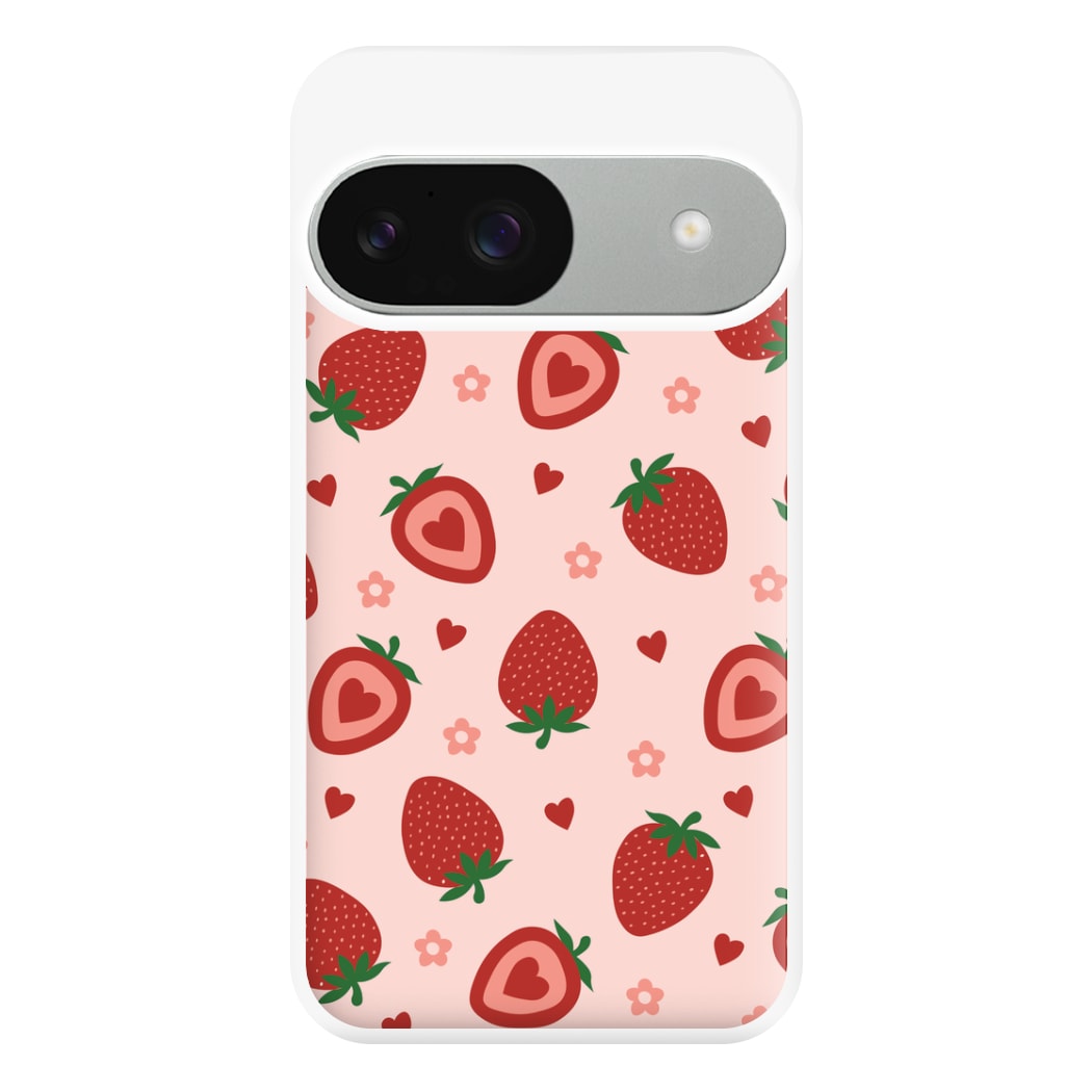 Strawberries And Hearts - Fruit Patterns Phone Case for Google Pixel 9 / 9 Pro