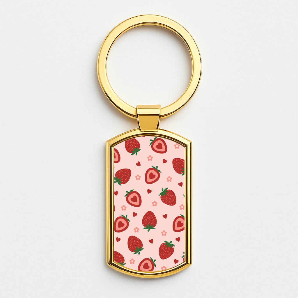Strawberries And Hearts - Fruit Patterns Gold Keyring