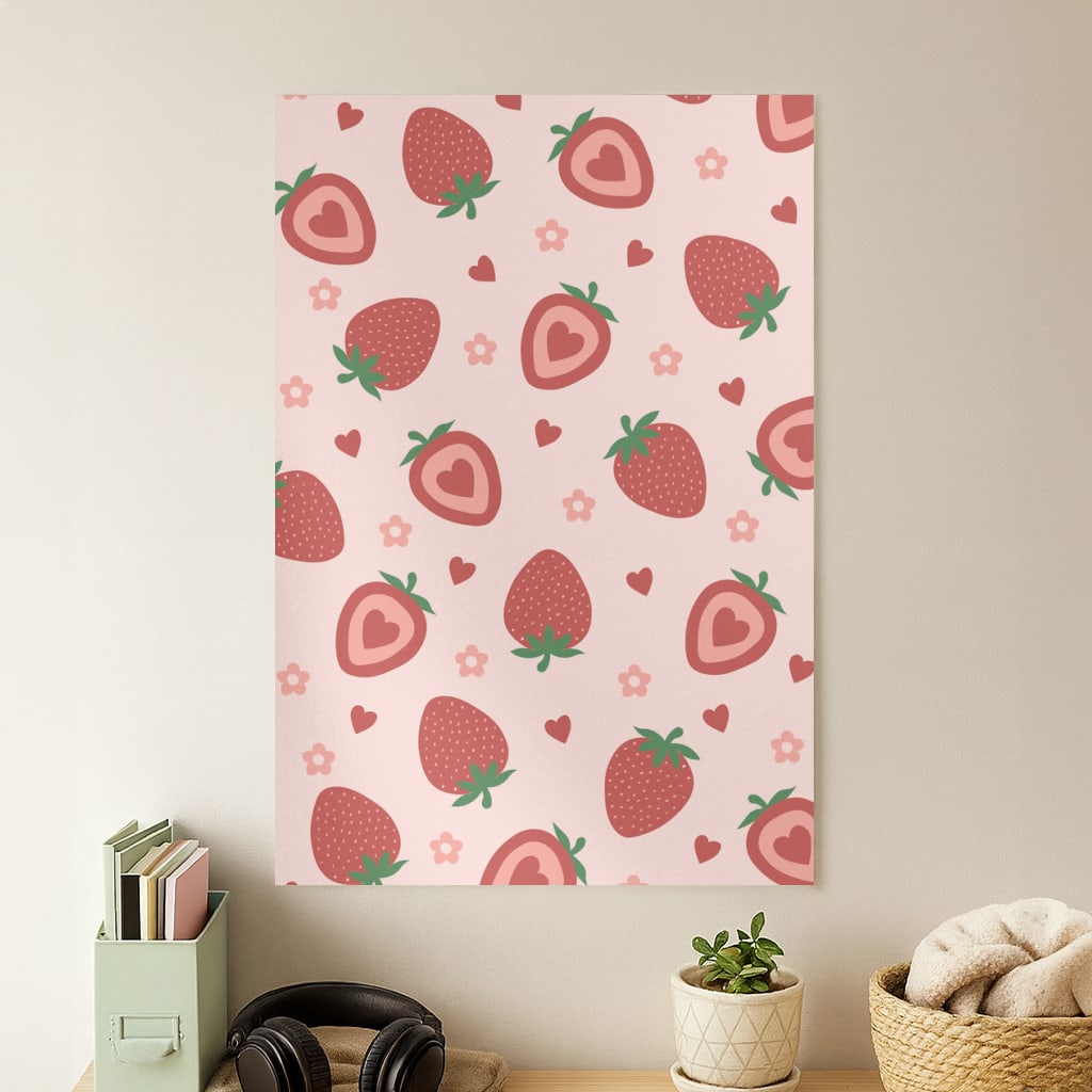 Strawberries And Hearts - Fruit Patterns Poster