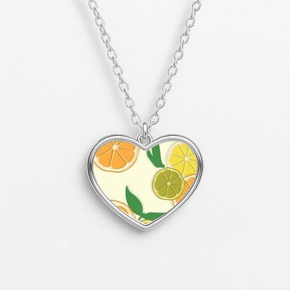 Oranges, Leomns And Limes - Fruit Patterns Heart Necklace