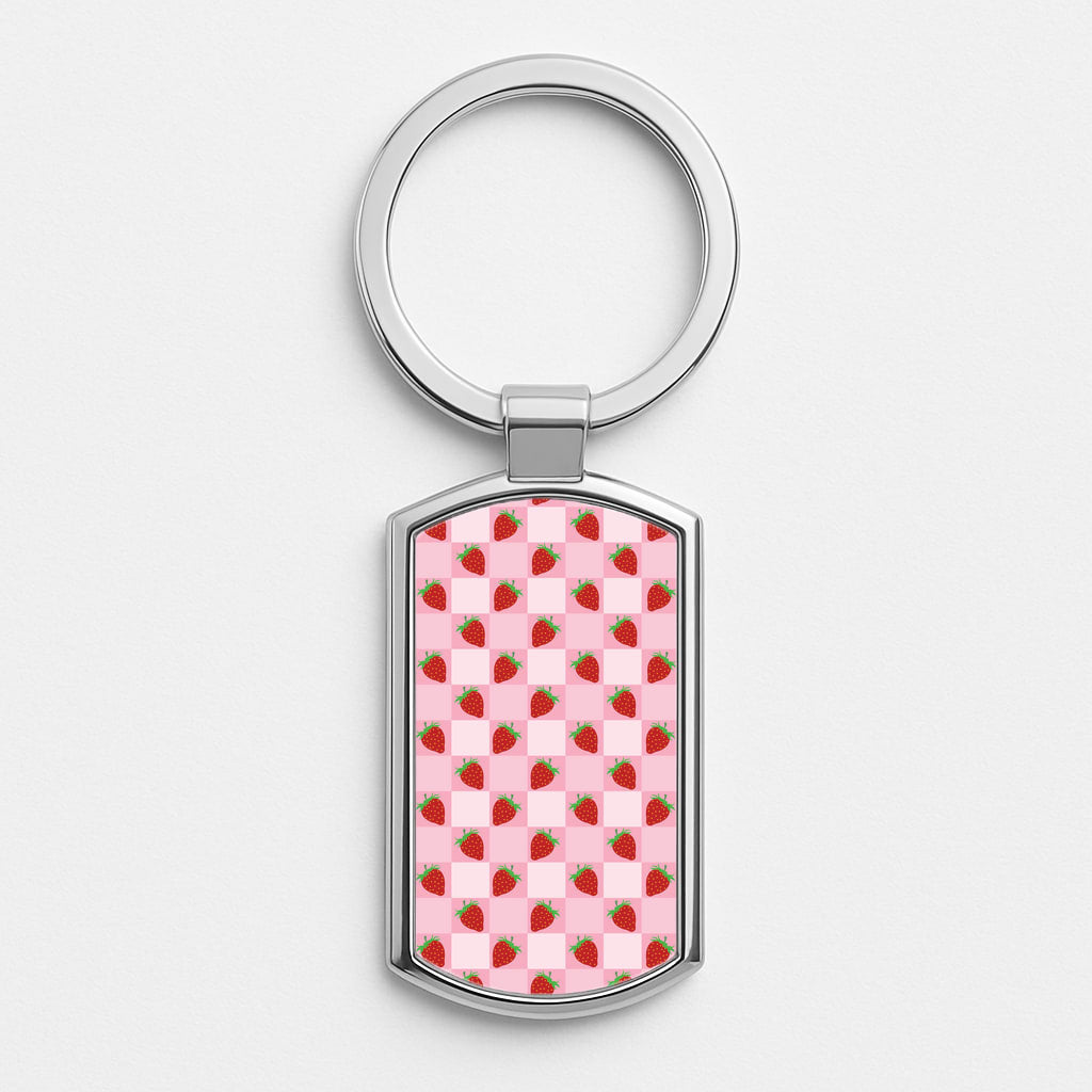 Checkered Strawberries Pattern Silver Keyring