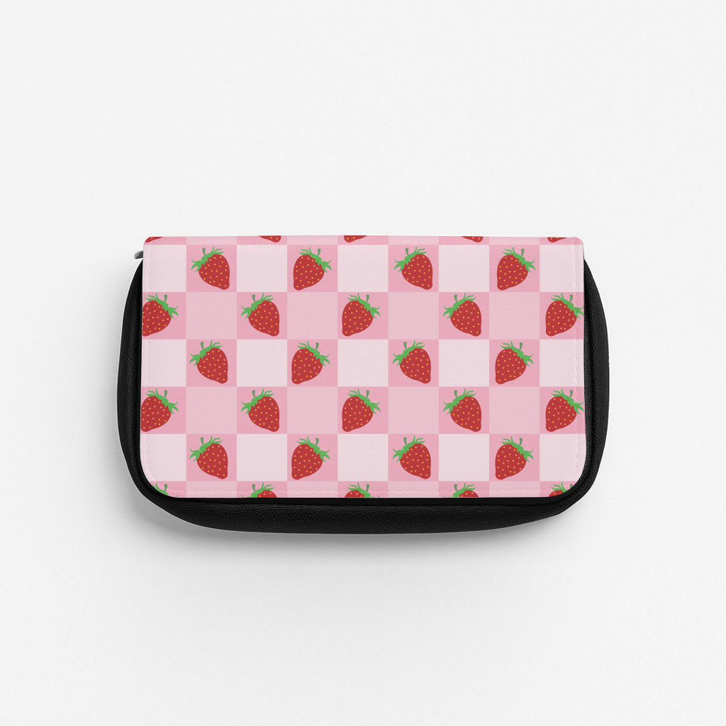 Checkered Strawberries Pattern Pencil Case