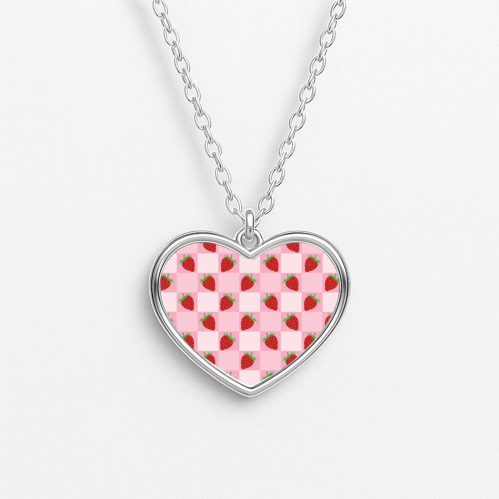 Checkered Strawberries Pattern Heart Necklace