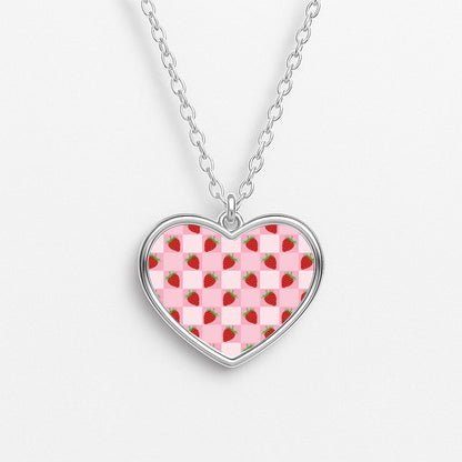 Checkered Strawberries Pattern Heart Necklace