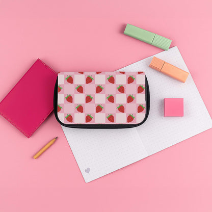 Checkered Strawberries Pattern Pencil Case