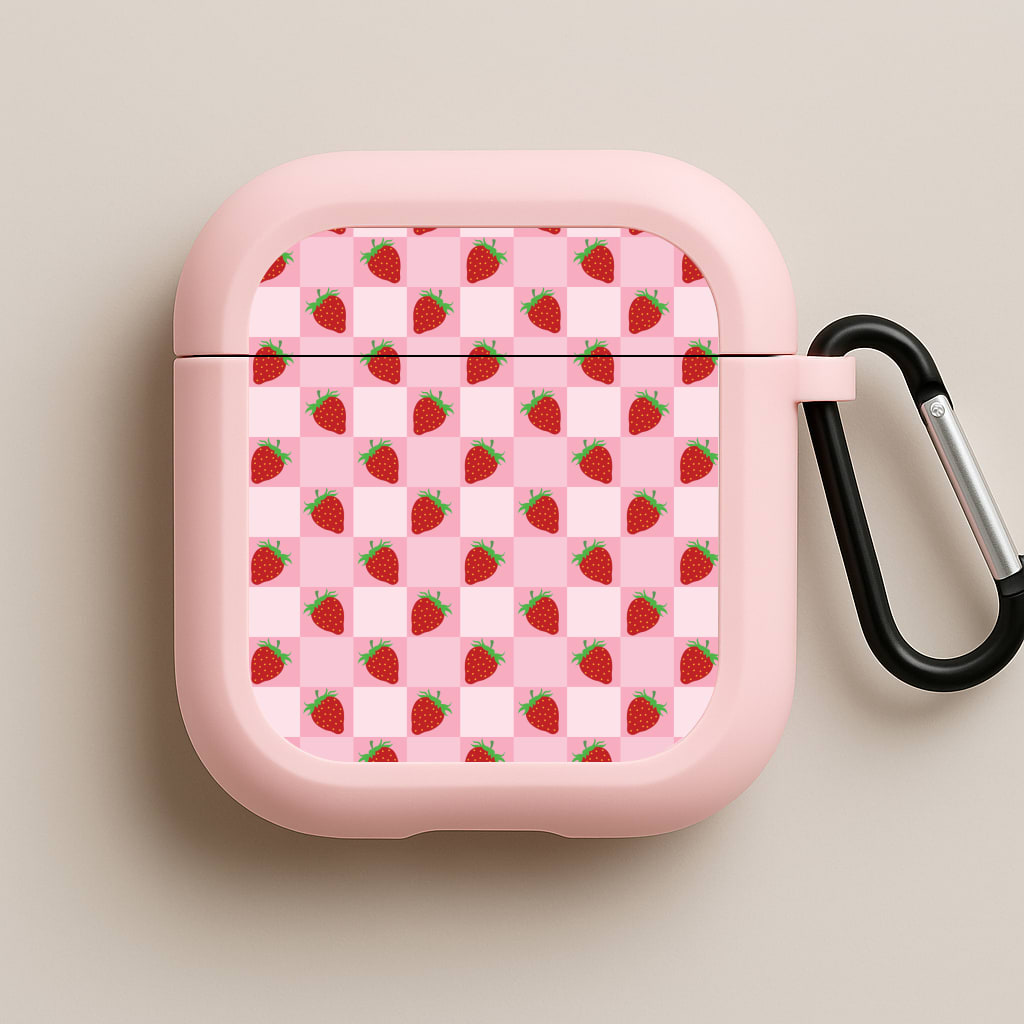 Checkered Strawberries Pattern Pink AirPods Case